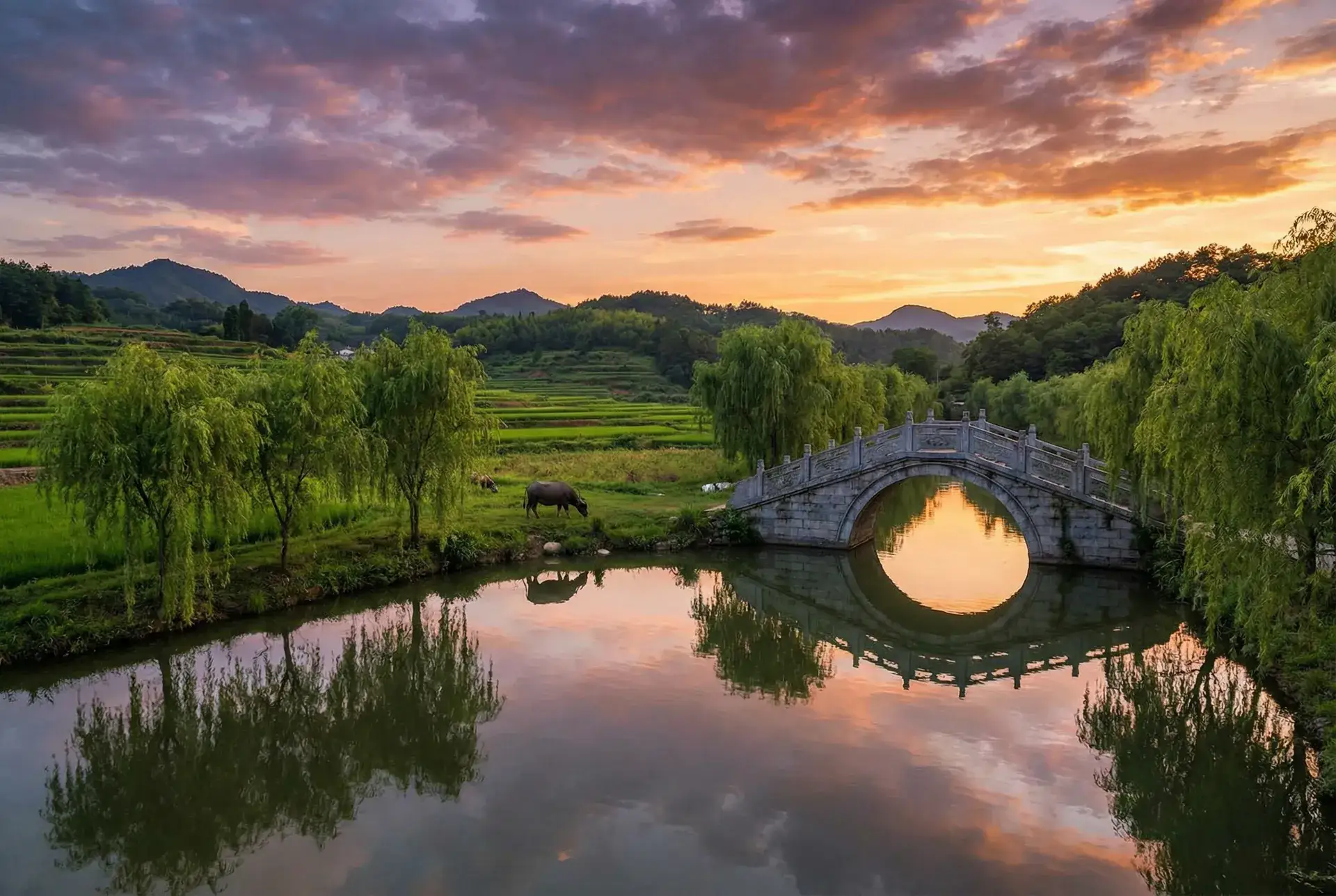 夕阳下的石拱桥与垂柳，水牛在河边吃草 - 日韩三级片 乡村美景